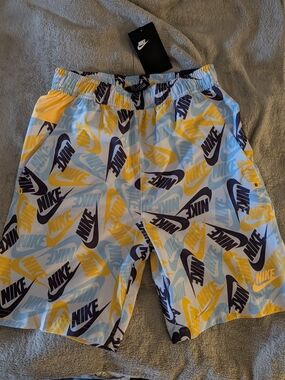 Nike Logo-Print Swim Shorts in Yellow, Light Blue, Navy